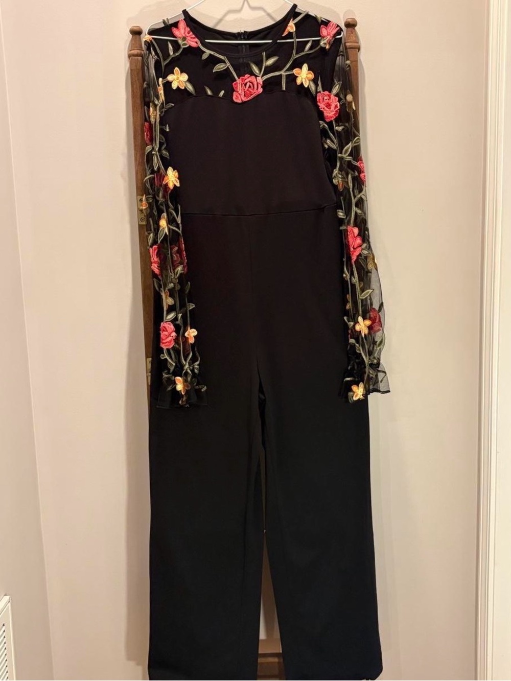 Black Embroidered Floral Long-Sleeve Jumpsuit Sz M